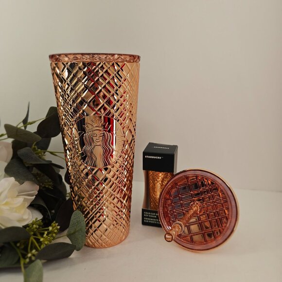 Starbucks 24 Oz Rose Gold Diamond Textured Tumbler & Keychain Cold Cup Ornament - Picture 2 of 10